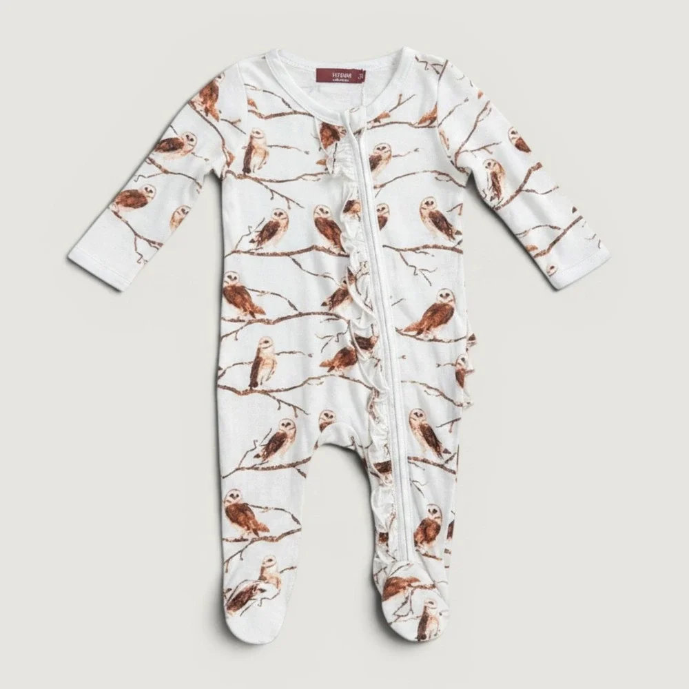 MilkBarn Ruffle Footie Pajamas Kids 3-6 Months Ivory Owl Print NEW Bamboo Zipper